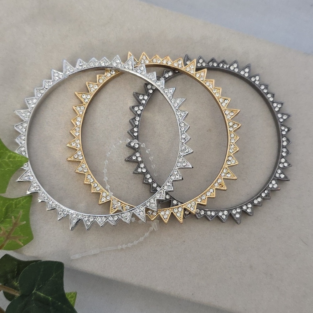 Set Of Three Bangle Bracelet Set Starburst with Rhinestone Gold Silver Grey